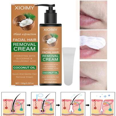  XIOIMY Crema depilatoria de coco de 150ml, suave y sin dolor, apta para todo tipo de piel, eliminación rápida del vello sin ennegrecimiento, baja alergia, para hombres y mujeres, piel suave | Depilación suave | Crema de baja alergia