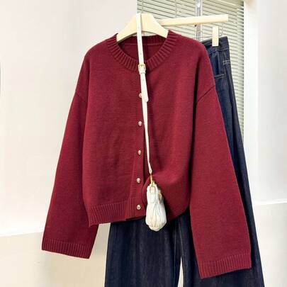 Áo khoác cardigan dệt kim màu trơn đa năng, áo len dài tay dáng rộng giúp thon gọn, thích hợp mặc hàng ngày.