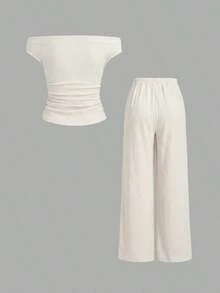 Conjunto Versátil de 2 Piezas para Mujer  Sweetro: Top de Color Sólido con Hombros Descubiertos y Pantalones Anchos Casuales con Cordón Ajustable - Beis - Ver 2