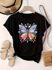 Plus Size, Women's T-Shirt With Colorful Abstract Butterfly Pattern And Letter Print, Plus Size Round Neck - Black - View 6