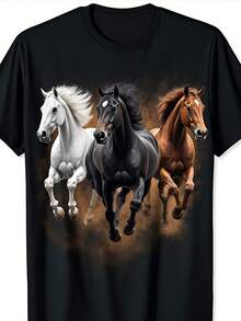 Una camiseta informal con un diseño de tres caballos corriendo, perfecta para actividades al aire libre y vacaciones.Diseño unisex, esta camiseta estampada de manga corta es perfecta para el verano de 2026, con un peso de 6.35 onzas. - Negro - Ver 6