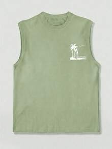 1pc Men's Summer Printed Round Neck Casual Tank Top - Olive Green - View 3