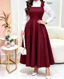 Tailored Dress With Wide Straps And Bow, Code 02, Evangelical Fashion (Shirt Not Included) - Burdeos - Ver 2