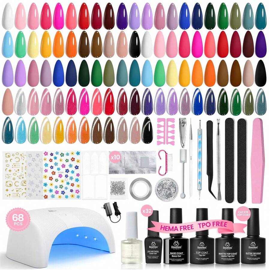 Beetles 68PCS 32 Colors Gel Nail Polish Kit With UV Light, TPO & HEMA Free Studio Essentials Set, Contains Base Coat, Cat Eye & Top Coat, All-In-One DIY Nail Tools, Home Salon Manicure Gifts For Women - 68PCS 32 Colors Summer Box Studio Essentials - 查看 1