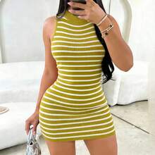 Minivestido sin mangas con cuello simulado en amarillo mostaza para mujer, vestido de verano a rayas, elástico, de punto acanalado, ajustado, informal, para fiesta de verano - Marrón oscuro - Ver 3
