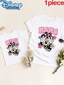 Disney 1pc Mama Minnie Mouse Print Short Sleeve T-Shirt Casual Top Mommy And Me Matching Outfits Clothes For Women Summer - 白色-mama - 查看 2