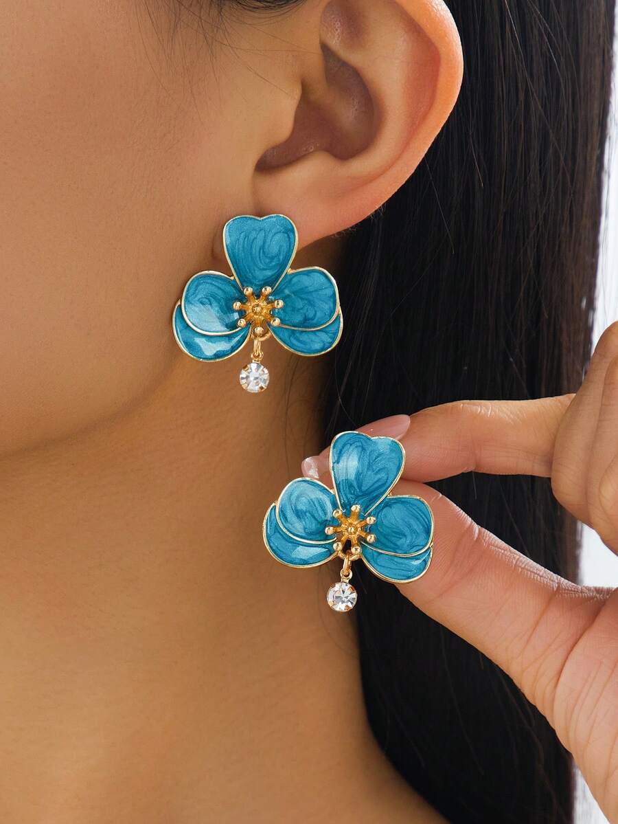 1 Đôi bông tai hình hoa màu xanh dương, làm thủ công, kiểu dáng nghỉ mát mùa hè, thích hợp đeo hàng ngày, đi nghỉ mát hoặc đi làm. - Màu xanh lam - Xem 1