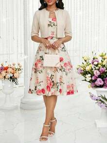Lady Conjunto de 2 piezas de verano con top corto de unicolor elegante y vestido con estampado floral para mujer - Multicolor 3 - Ver 5