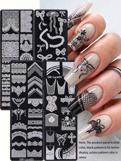 4Pcs Lace Nail Stamping Plates Set, Stainless Steel Nail Art Template With Vintage Lace Bow Corset Fishnet Pattern, Sweet Coquette Balletcore Style Stencil For DIY Manicure, Nail Art Supplies, Nail Accessories Tools