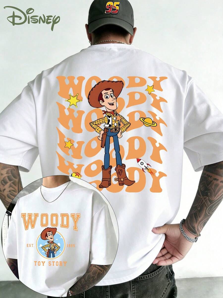 Genuinely Licensed By Disney, Disney Toy Story Sheriff Woody Double-Sided Print - Men's T-Shirt, Toy Story Woody Cartoon Image, Men's Summer Short-Sleeved Top, High-Quality 100% Cotton Short-Sleeved T-Shirt, Relaxed, Breathable, Comfortable Short-Sleeved T-Shirt For Summer, For Men And Women, Disneyland Travel Wear, Couple's T-Shirt, Everyday Wear, Street Wear, Vacation Wear, The Best Gift For Disney Lovers, Machine Washable - trắng - Xem 1