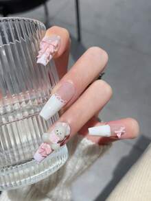 10片手工长梯形假指甲套装，白色和粉色可爱青春百搭美甲，牛奶糖熊图案，适合女孩/女士日常、办公、上学、约会、派对、情人节礼物 - 粉色 - 查看 3