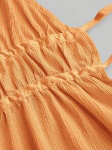 Conjunto de dos piezas para mujer estilo francés elegante color café, top halter de escote alto con tirantes finos, cintura fruncida y dobladillo peplum, combinado con pantalones anchos holgados de cintura elástica, tejido texturizado fresco y cómodo, ideal para uso diario, brunch, citas, salidas casuales, vacaciones y looks sofisticados de primavera y verano - Naranja - Ver 4