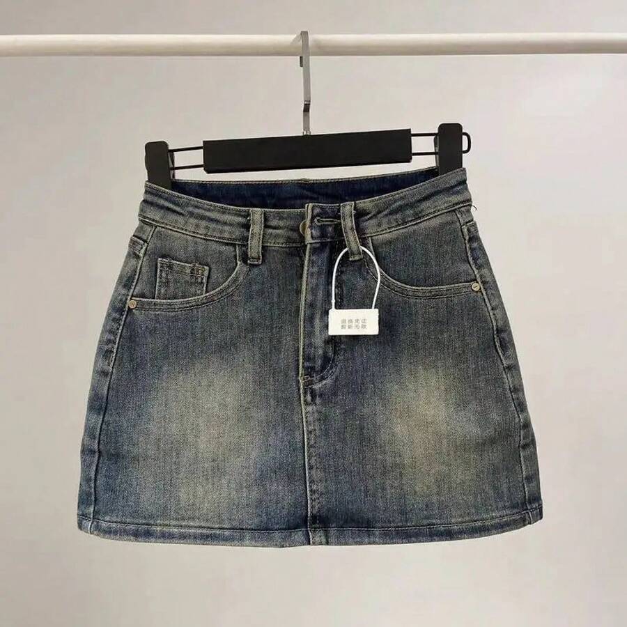 Minifalda vaquera retro de cintura alta para mujer, sexy y picante, de verano, ajustada, adelgazante, que previene la exposición, de color liso, pantalón corto. - Azul - Ver 1