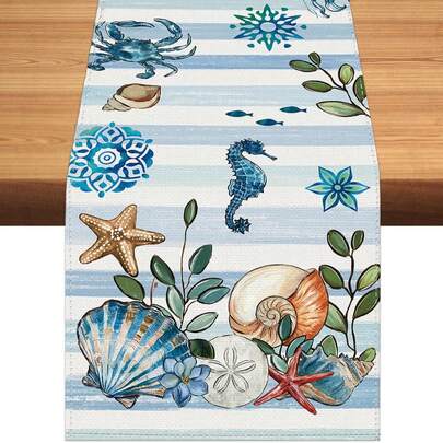 13x72 Inch Summer Ocean Beach Shell Watercolor Sea Turtle Burlap Tablecloth, Seasonal Sand Dollar Coffee Table Center Decor For Home Kitchen Dining Room Party Indoor Outdoor