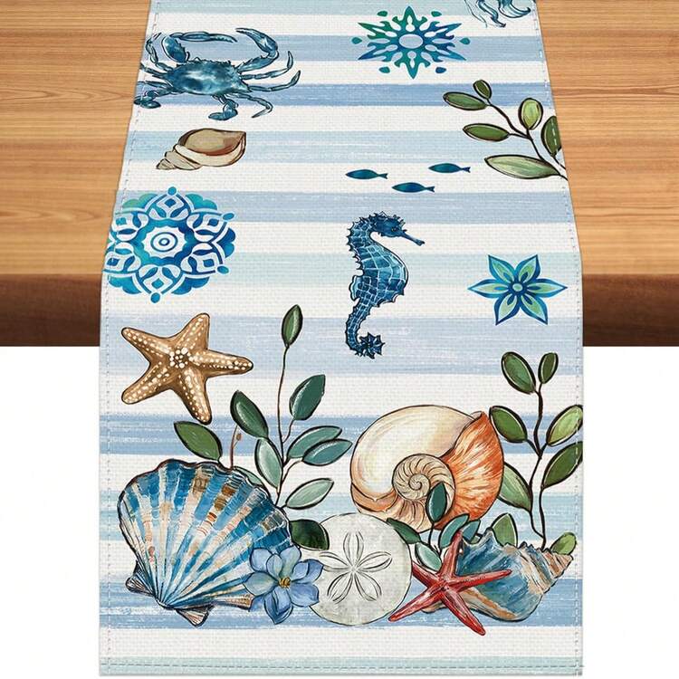 13x72 Inch Summer Ocean Beach Shell Watercolor Sea Turtle Burlap Tablecloth, Seasonal Sand Dollar Coffee Table Center Decor For Home Kitchen Dining Room Party Indoor Outdoor - Multicolor - View 1