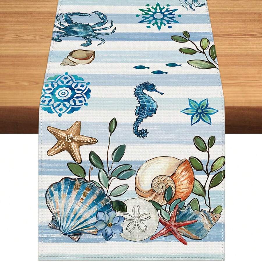 13x72 英寸夏季海洋沙滩贝壳水彩海龟图案粗麻布桌布,季节性沙钱咖啡桌中心装饰,适用于家庭厨房餐厅派对室内外 - 彩色 - 查看 1
