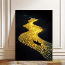 Enmarcado  de pared 2D plano de 1 pieza con reflejos del río dorado - Diseño moderno vintage con marco de , póster impreso de alta calidad, elegante decoración para el hogar y la oficina en la sala de estar, dormitorio, cocina, baño, estilo art déco, orientación vertical para interiores,  para cocina | Póster estilo art déco | Lienzo impreso de calidad, decoración de pared - Enmarcado - Ver 4
