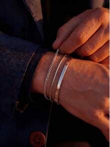 3pcs/Set Men's Stainless Steel Silver Bracelet Set, Minimalist Cuban Link, Snake Chain, Smooth Bangle Combination, High-End Versatile Non-Fading Niche Design Men's Accessory, Daily Commute Street Fashion Gift For Boyfriend - 3 Bracelets - View 3