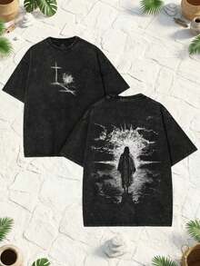 1pcs230g Washed, Fire Messenger Printed T-Shirt, High-Quality Wax Printed Pure Cotton Retro Fashion Brand, Men's Summer T-Shirt, Holiday Perfect Gift - 黑色 14 - 查看 9