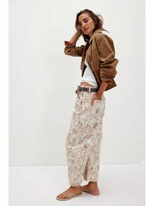 Vintage Floral Print Barrel-Shaped Jeans High-Waisted Wide-Leg Yellow Denim Trousers Vintage Y2K Style Casual Pants - 花貓 - 查看 2
