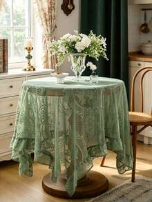 1pc White Hollow Lace Ruffled Tablecloth, Elegant Romantic Rectangular Table Decor Cloth, Suitable For Weddings, Celebrations, Home Decor, Parties, Hotels, All Seasons - Green - View 2