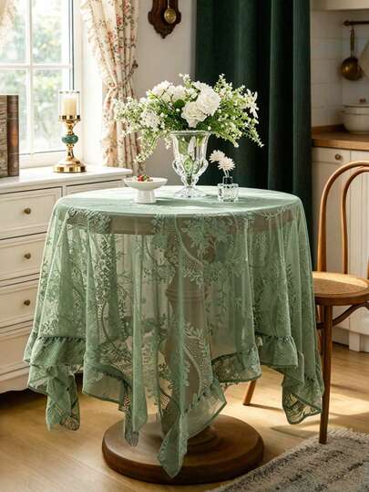 1pc White Hollow Lace Ruffled Tablecloth, Elegant Romantic Rectangular Table Decor Cloth, Suitable For Weddings, Celebrations, Home Decor, Parties, Hotels, All Seasons