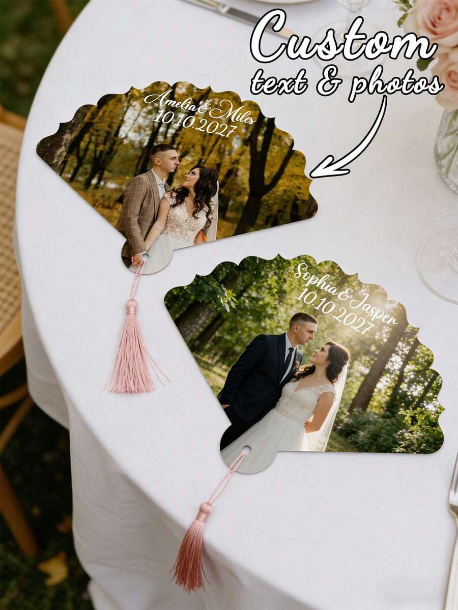 客製化照片婚禮扇,個性化照片與姓名,流蘇裝飾,婚禮伴手禮,大宗婚禮儀式扇,獨特禮物 - 彩色 - 查看 1