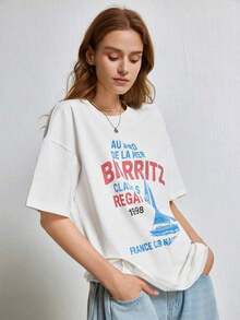 Summer Tops Casual Short Sleeve T-Shirt With Sailing Boat Logo Print, Cotton T-Shirt, Summer Outfit - White - View 5
