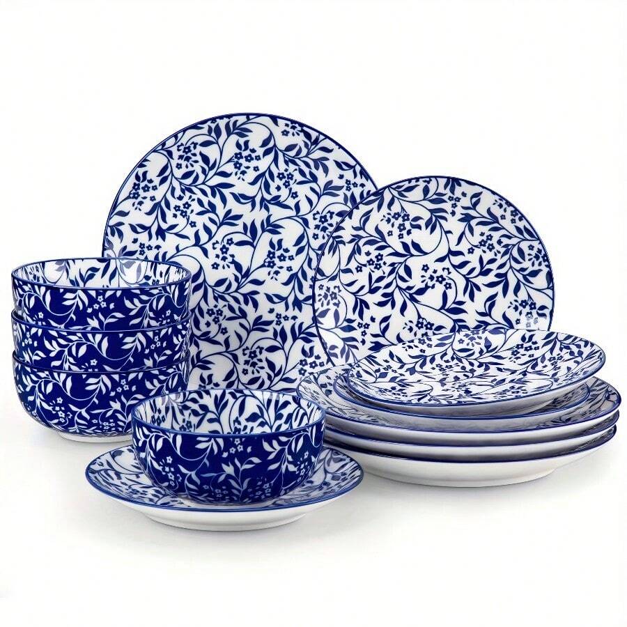 Plates And Bowls Set For 4, 12pcs Dinnerware Sets, Microwave And Dishwasher Dishes Set, Porcelain Kitchen Set - SELENE-03-12pcs - View 1