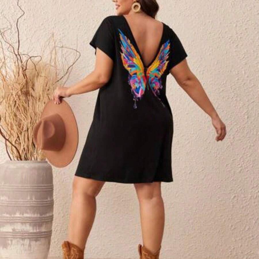 VCAY Plus Size Boho Butterfly Print Batwing Sleeve Tee Dress - Negro - Ver 1