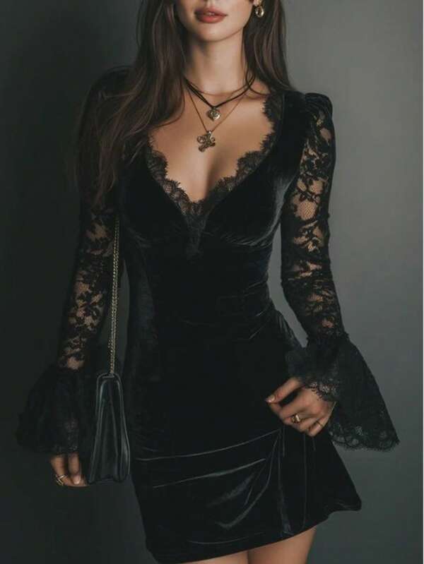 Women's Black Short Lace Bell Sleeve & Deep V-Neck Velvet Fitted Long Sleeve Dress, Autumn Outfit Dress