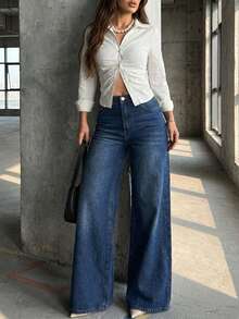 1pc Solid Color Casual Elegant Cute Denim Button Zipper Pocket Women Jeans, Suitable For Beach, Vacation, Daily Wear, All Seasons - Blue - View 3