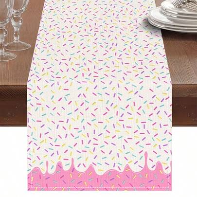 A Single-Piece Birthday-Themed Table Runner, Available In Two Designs: Colorful Sprinkle Print With Pink Drip Border And Pastel Rainbow Stripe Print With Gold "Happy Birthday" Lettering, Woven From 100% Polyester Fiber, Available In Multiple Sizes, Machine Washable, Heat-Resistant, Stain-Resistant, Waterproof, And Easy To Clean.