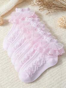 1/5 Pairs Girls' Pink Casual Ruffled Lace Trim Socks, Breathable Mesh Lace Frill Socks, Princess Style, Soft & Comfortable, Suitable For Daily Wear, Back To School, Dance Performances, Spring/Summer - Pink - View 7