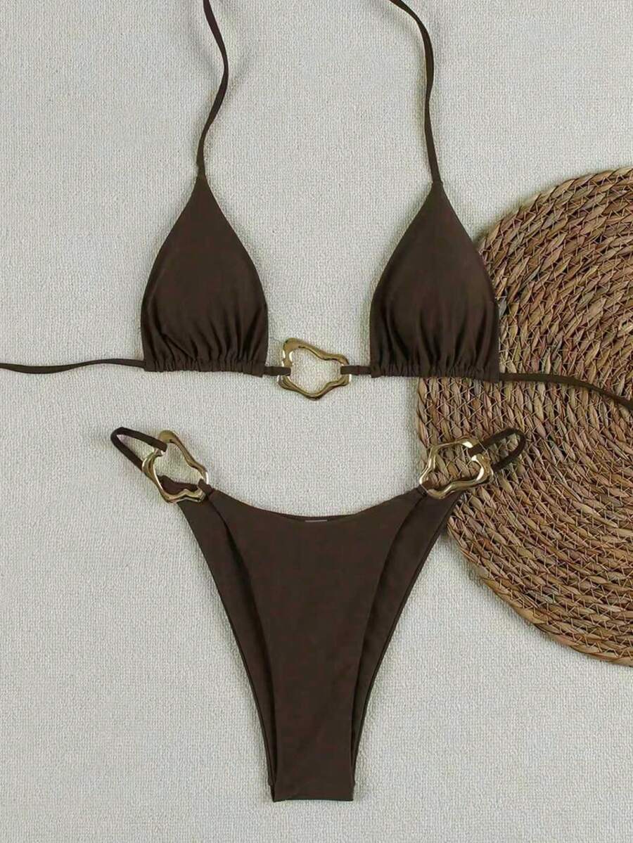 Polovedo Chegada Oficial Nova Primavera/Verão Casual Sexy Maiô Bikini Halter Cáqui, Roupa de Banho para Praia, Festa de Férias, Encontro - Caqui - Visão 1