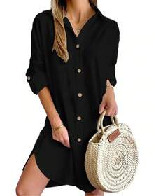 Vestido camisero con botones delanteros de Color liso, vestido informal de manga larga con solapa para primavera y otoño, ropa de mujer - Azul cielo - Ver 5