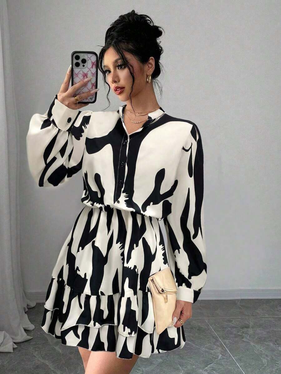 Vestido corto de otoño para mujer, estampado abstracto, cuello camisero, manga larga y falda con volantes - Multicolor 2 - Ver 1
