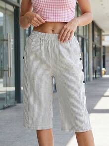 Womens Bermuda Shorts Striped Casual Stylish Decorative Side Button Straight-leg Mid Rise Shorts for Summer - Blanco - Ver 2