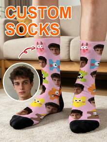 1 Pair Customized Socks, Beach Style, Customized Face Socks, Funny Customized Photo Socks, Customized Printed Socks, Cute Adult Socks, Customized Pattern Socks - Multicolor - View 3