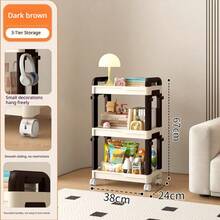 3/4 Tier Multi-Function Rolling Storage Cart With Universal Wheels And Side Hooks, Adjustable Layered Mobile Storage Rack, Suitable For Kitchen, Bathroom, Living Room, Office, University Dormitory Essentials Storage - Coffee Brown - View 13