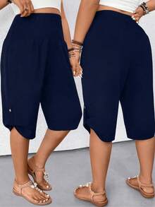 Pantalones de pierna recta versátiles para ir al trabajo con botones de Color sólido informales a la moda de talla grande 1XL-5XL para mujer - Caqui - Ver 3