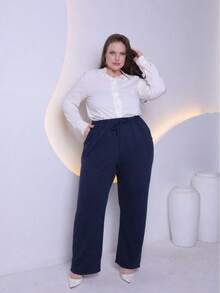 Women's Plus Size Pants In Premium Wool Knit Fabric With Tie Detail And Side Pockets, Sizes GG To G6 - 藏蓝色 - 查看 1