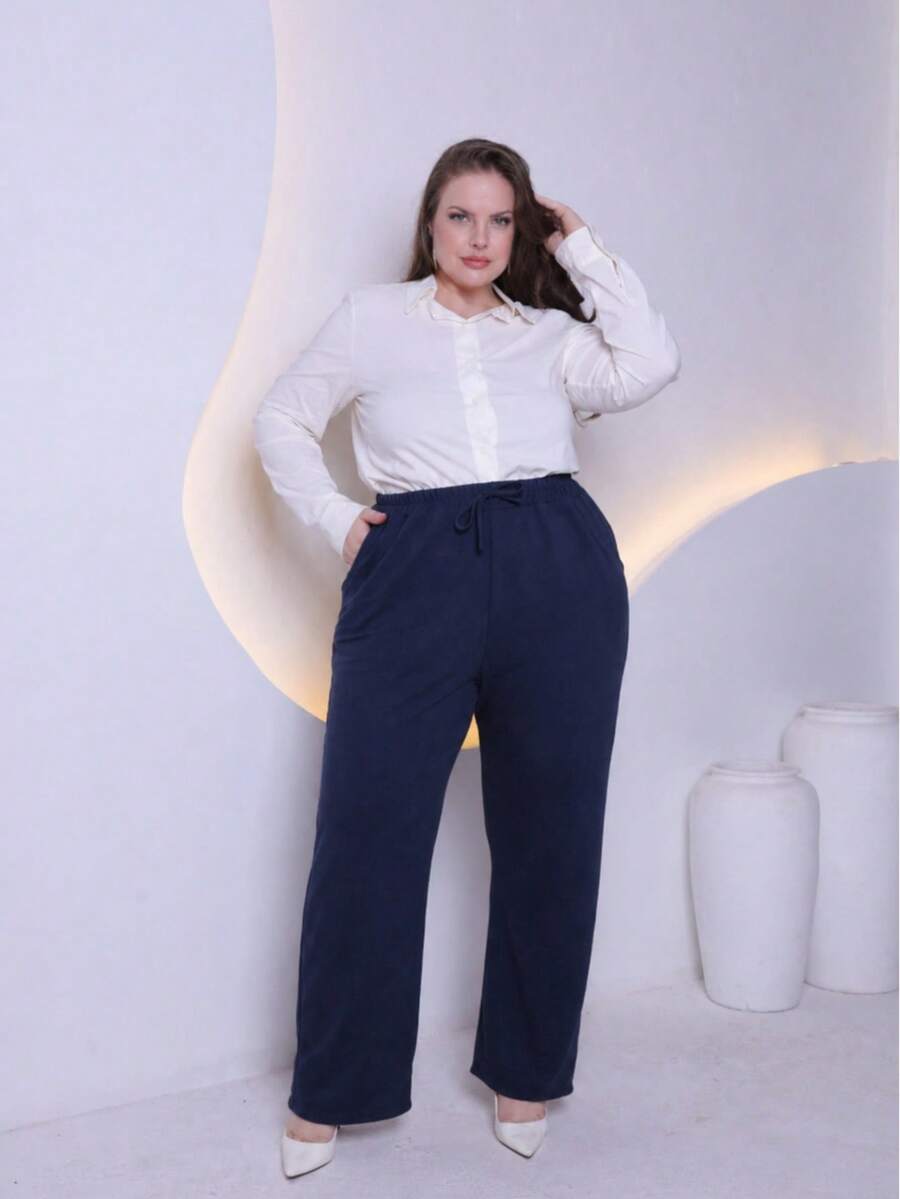 Women's Plus Size Pants In Premium Wool Knit Fabric With Tie Detail And Side Pockets, Sizes GG To G6 - 藏蓝色 - 查看 1