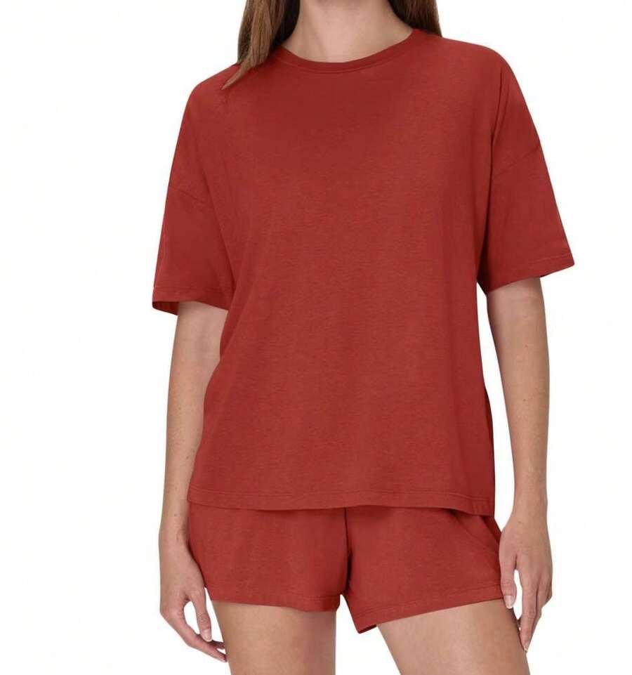 Dampyjamas med kort ärm, överdimensionerad, lös passform, avslappnad hemklädsel, t-shirt och shorts, loungeset - Tegelröd - Visa 1