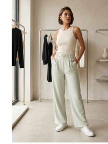 Pantalones de talle alto con estampado de rayas verticales y cinturón decorativo   Elegante    Material Compuesto    Cinturón    Pantalon dama - verde menta - Ver 1
