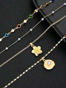 4pcs Vintage Bohemian Style Metal & Faux Pearl Flower Pendant Tassel Necklace Set, Y-Shaped Chain, Suitable Daily Wear And Beach Vacation, Women Jewelry - 銀色 - 查看 11