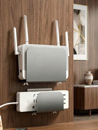 壁挂式WiFi路由器收纳盒，免打孔线缆整理盒，适用于调制解调器和电源插座，大容量隐藏式线缆管理支架，散热设计，无需钻孔，节省空间，家用办公电视柜线缆隐藏架