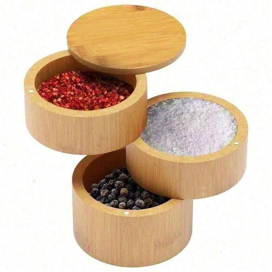 Caja de bambú 3 en 1 para sal y pimienta - Salero dividido con tapa giratoria, caja de almacenamiento de sal con tapa magnética para mantener seco, recipiente para especias de cocina para sal, pimienta, condimentos, especias - Dorado - Ver 1