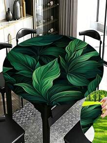 1pc Tropical Palm Leaf Tablecloth With Elastic Band, Polyester Hawaiian Green Leaf Round Tablecloth For Kitchen, Dining Room, Party, Patio Table - A - View 14