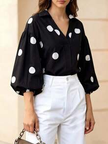 Blusa elegante con estampado de lunares y mangas de farol con botones en el frente y cuello en V, adecuada para la oficina y el uso casual - Primavera/Verano, vacaciones en la playa, vacaciones de verano Negro - Negro - Ver 3
